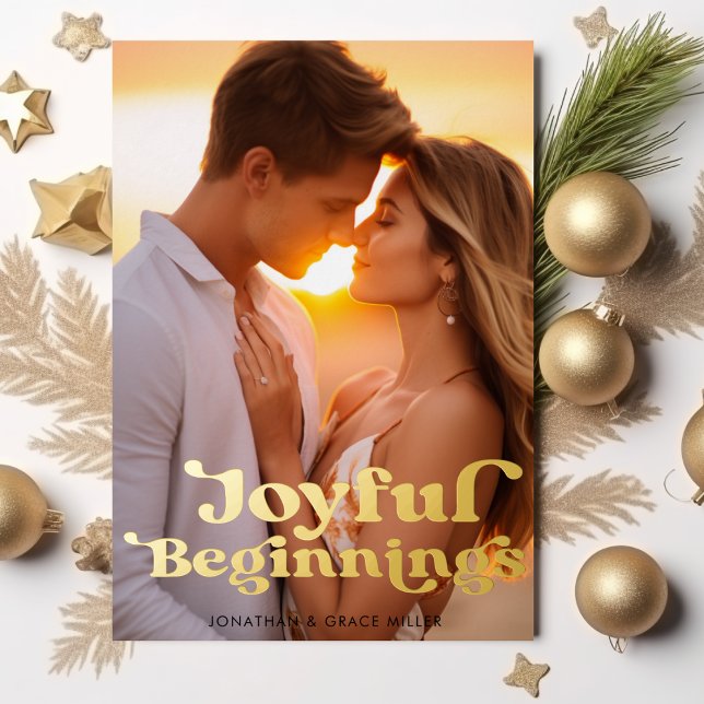 Carte De Vœux En Aluminium Débuts Joyeux Élégant Moderne Minimal Photo (Joyful Beginnings Elegant Modern Minimal Photo Foil Holiday Card)