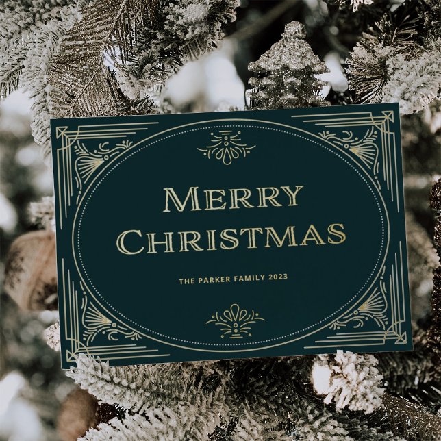 Carte De Vœux En Aluminium Déco moderne | Emerald Green et Noël photo (A vintage, art deco style Christmas holiday card in rich emerald green with your photo on the back)