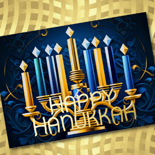 Carte De Vœux En Aluminium Dessin abstrait Menorah Hanukkah joyeux Or Bleu