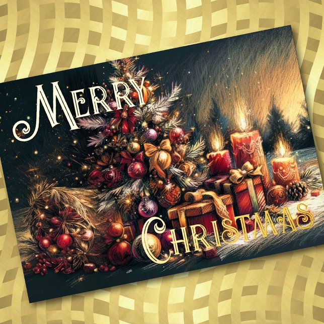 Carte De Vœux En Aluminium Dessin au pastel dur Bougies d'arbre de Noël (Créateur téléchargé)