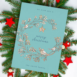 Carte De Vœux En Aluminium Dorée   Noël de la couronne bleu glace hiver   Nou