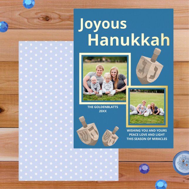 Carte De Vœux En Aluminium Dreidel Rustic Oak Blue 2 Photo Joyeux Hanoukka (Add a little elegance to your Hanukkah cards with real gold foil printing for luxury accents)