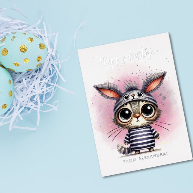 Carte De Vœux En Aluminium Drôle Mignonne Kitty dans le costume lapin Joyeux  (Funny Cute Kitty in Bunny Costume Happy Easter Foil Holiday Card)