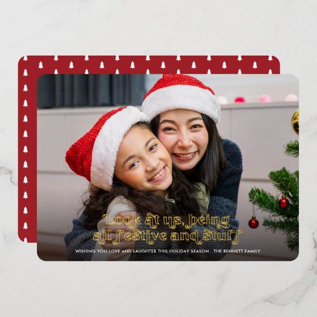 Carte De Vœux En Aluminium Drôle Regardez-nous Noël photo complète | Rouge (Recto/Verso)