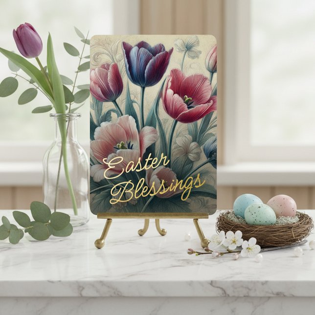 Carte De Vœux En Aluminium Easter Blessings Tulips Floral Gold Foil Card (Créateur téléchargé)