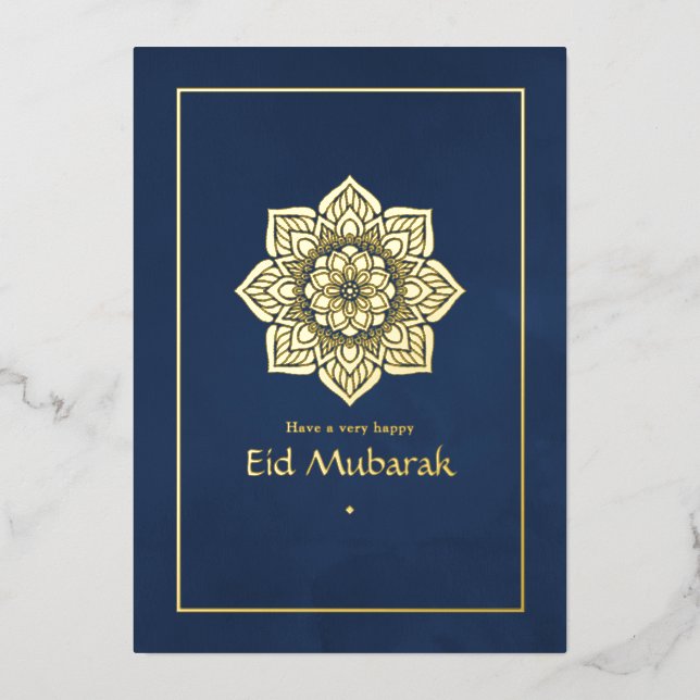 Carte De Vœux En Aluminium Eid Moubarak Bleu Nuit et Or (Recto)