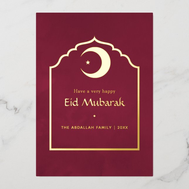 Carte De Vœux En Aluminium Eid Moubarak Marsala Rouge et Or (Recto)