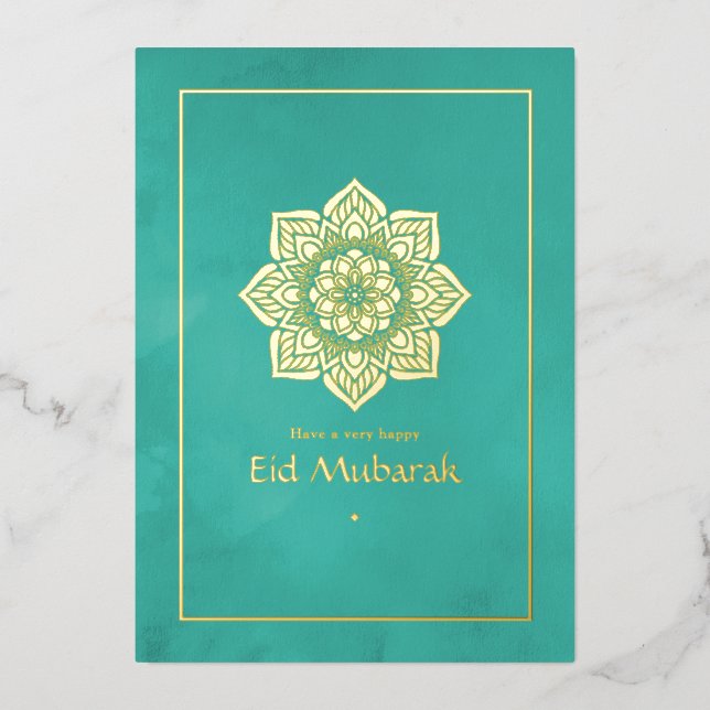 Carte De Vœux En Aluminium Eid Moubarak Turquoise et Or (Recto)