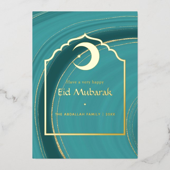 Carte De Vœux En Aluminium Eid Moubarak Turquoise - Teal et Or Feuille d'Agat (Recto)