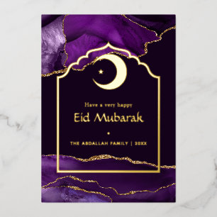 Carte De Vœux En Aluminium Eid Mubarak Agate Violet et Or
