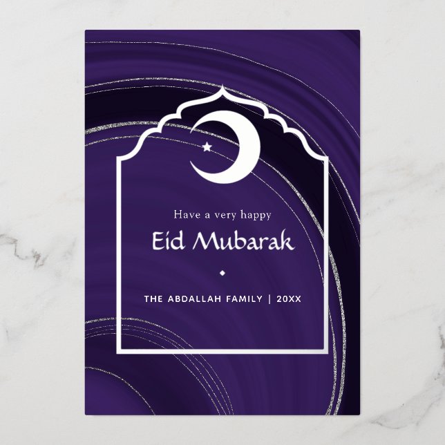 Carte De Vœux En Aluminium Eid Mubarak Violet et Argent Feuille de Pierre de  (Recto)