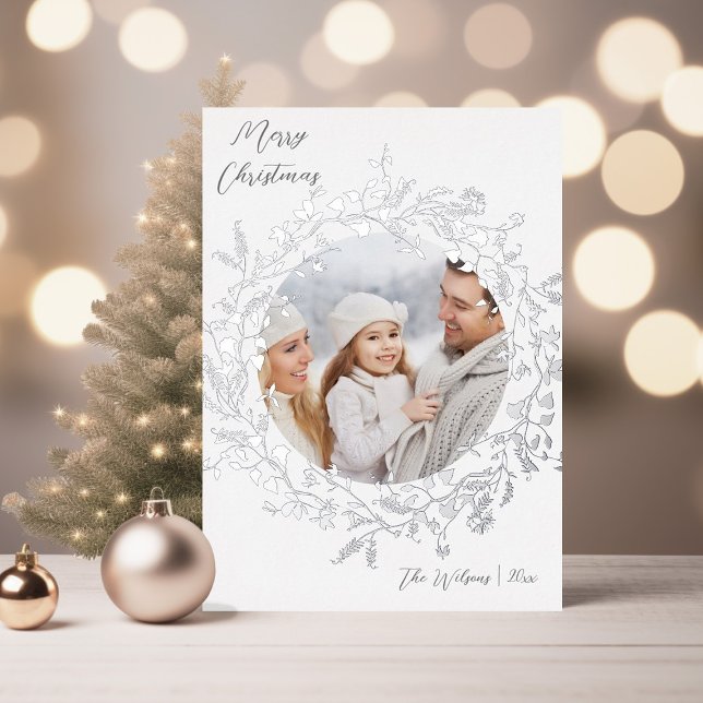 Carte De Vœux En Aluminium Elegan Fleur sauvage Joyeux Noël Photo Silver (Créateur téléchargé)