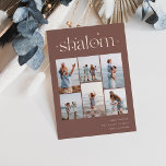 Carte De Vœux En Aluminium Elégant 6 photo Collage Shalom Hanoukka<br><div class="desc">Partagez de la joie avec ces cartes de fin de année Hanoukka modernes avec 6 de vos photos préférées dans une grille de montage. "Shalom" apparaît en haut dans une feuille d'or rose reliée au lettrage orné de minuscules étoiles. Personnalisez avec votre salutation de vacances, nom de famille et l'année...</div>