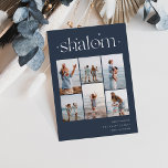 Carte De Vœux En Aluminium Elégant 6 photo Collage Shalom Hanoukka<br><div class="desc">Partagez de la joie avec ces cartes de fin de année Hanoukka modernes avec 6 de vos photos préférées dans une grille de montage. "Shalom" apparaît en haut en feuille d'argent et en lettrage relié orné de minuscules étoiles. Personnalisez avec votre salutation de vacances, nom de famille et l'année en...</div>
