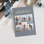 Carte De Vœux En Aluminium Elégant 6 photo Collage Shalom Hanoukka<br><div class="desc">Partagez de la joie avec ces cartes de fin de année Hanoukka modernes avec 6 de vos photos préférées dans une grille de montage. "Shalom" apparaît en haut en papier doré, relié au lettrage orné de minuscules étoiles. Personnalisez avec votre salutation de vacances, nom de famille et l'année en bas...</div>