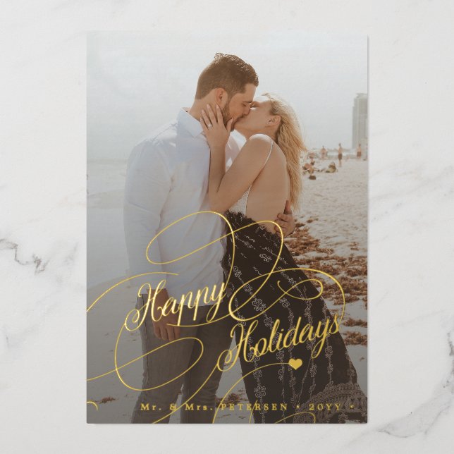 Carte De Vœux En Aluminium Elegant 6 photos newlywed Happy Holidays gold (Recto)