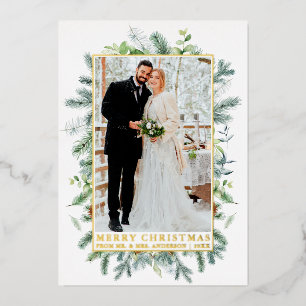 Carte De Vœux En Aluminium Elégant Aquarelle Pine Frame Newlyweds Gold