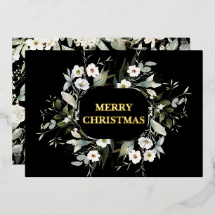 Carte De Vœux En Aluminium Elégant Aquarelle Verdure Floral Noir Véritable Or