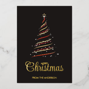 Carte De Vœux En Aluminium Elégant Arbre de Noël Rouge et Or Or