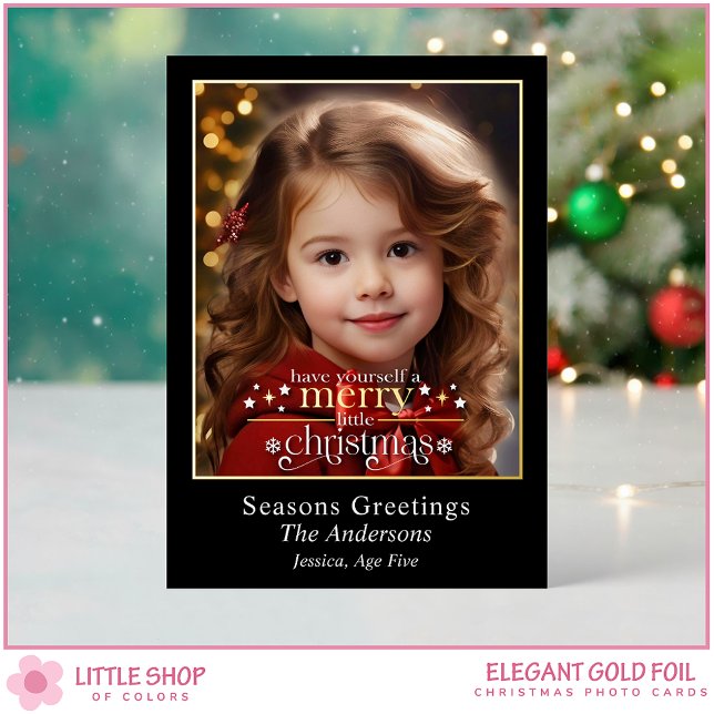 Carte De Vœux En Aluminium Elegant Black Gold Merry Little Christmas Photo (Créateur téléchargé)
