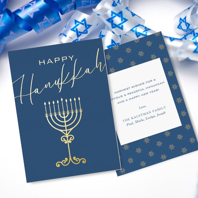 Carte De Vœux En Aluminium Elégant bleu heureux Hanoukka Menorah Gold (Créateur téléchargé)