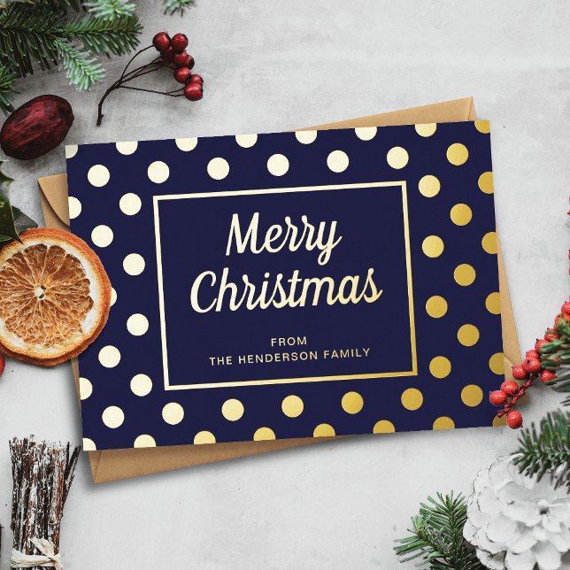 Carte De Vœux En Aluminium Élégant bleu marine Script Joyeux or de Noël (Elegant Navy Blue Script Merry Christmas Gold Foil Holiday Card)