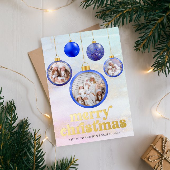 Carte De Vœux En Aluminium Elegant Blue Ornament Christmas Photo (Elegant Blue Ornament Christmas Photo Foil Holiday Card)