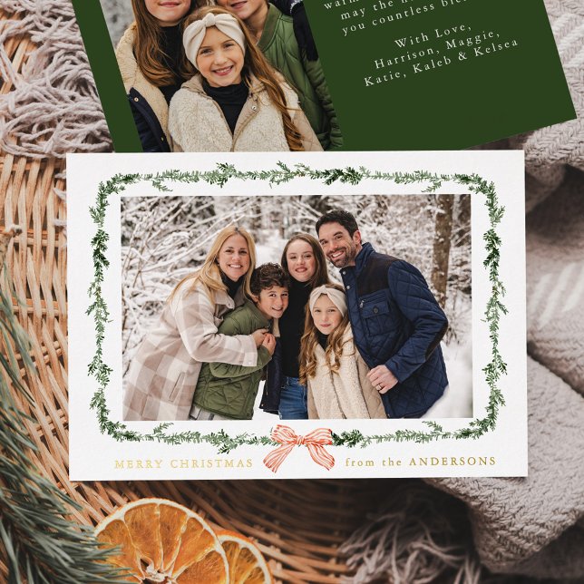 Carte De Vœux En Aluminium Elégant Bow Rouge Green Garland 2 Photo (Créateur téléchargé)