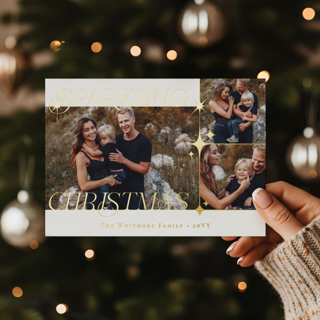 Carte De Vœux En Aluminium Elegant Christmas Sparkle Photo Collage Christmas (Elegant Christmas Sparkle Photo Collage Christmas Foil Holiday Card)