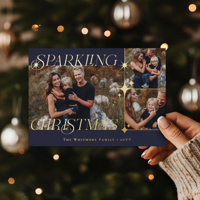 Carte De Vœux En Aluminium Elegant Christmas Sparkle Photo Collage Christmas (Elegant Christmas Sparkle Photo Collage Christmas Foil Holiday Card)
