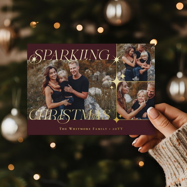 Carte De Vœux En Aluminium Elegant Christmas Sparkle Photo Collage Christmas (Elegant Christmas Sparkle Photo Collage Christmas Foil Holiday Card)