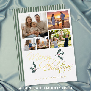 Carte De Vœux En Aluminium Élégant Collage de Photos de Noël avec du Houx Mod