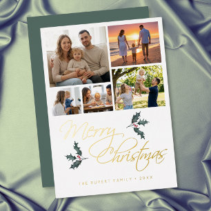 Carte De Vœux En Aluminium Élégant Collage Photo de Noël avec Holly Moderne