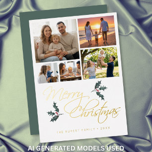Carte De Vœux En Aluminium Élégant Collage Photo de Noël avec Holly Moderne