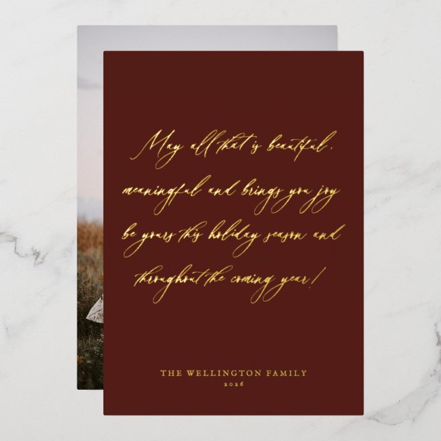 Carte De Vœux En Aluminium Élégant Festif Rouge Calligraphie de Noël Photo (Recto/Verso)