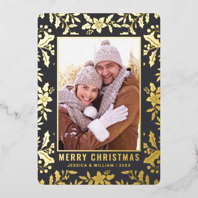 Carte De Vœux En Aluminium Élégant feuillage de Noël 2 Photo Gold (Recto)