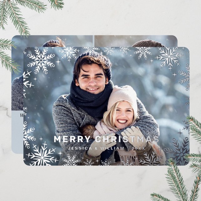 Carte De Vœux En Aluminium Élégant feuillage de Noël 3 Photo Argent (Créateur téléchargé)