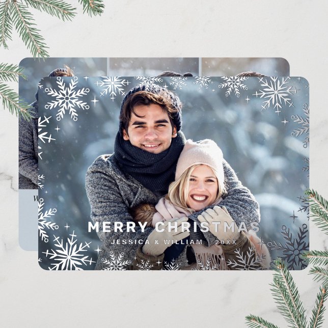 Carte De Vœux En Aluminium Élégant feuillage de Noël 4 Photo Argent (Créateur téléchargé)