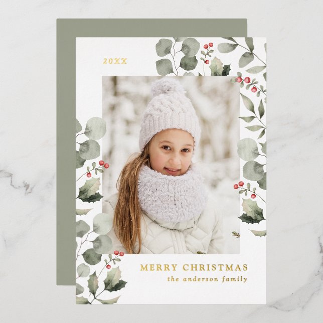 Carte De Vœux En Aluminium Élégant feuillage d'hiver et baies Holly Photo (Recto/Verso)