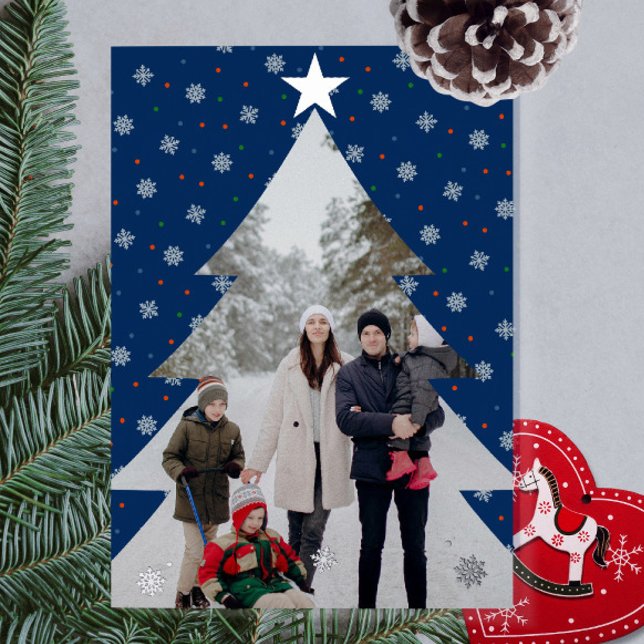 Carte De Vœux En Aluminium Élégant flocon bleu de neige photo arbre de Noël (Elegant blue custom photo Christmas card with snowflakes)