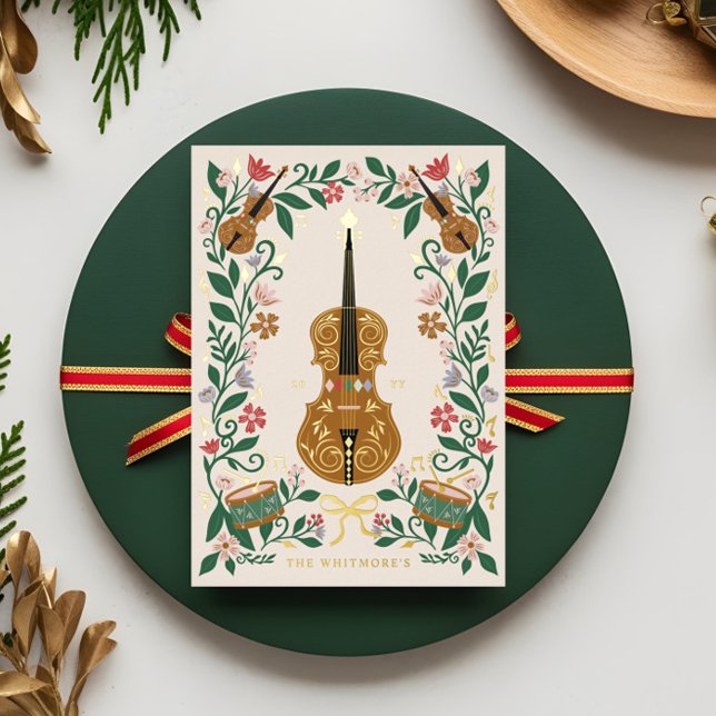 Carte De Vœux En Aluminium Élégant floral Noisette de Noël Ballet Musical (Elegant Floral Christmas Nutcracker Ballet Musical Foil Holiday Card)