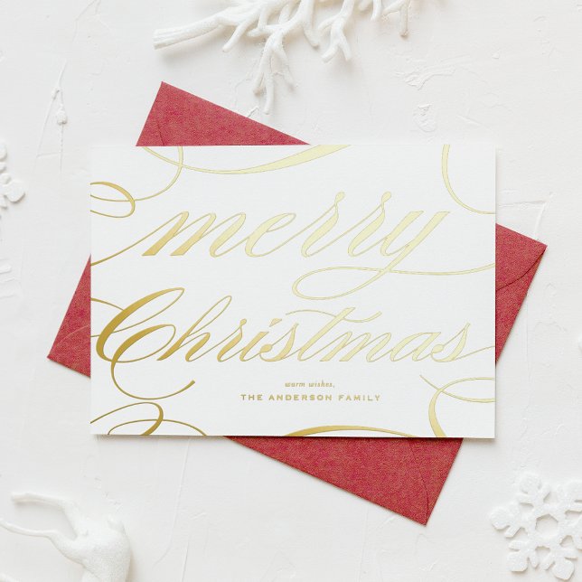 Carte De Vœux En Aluminium Elegant Flourish Script Merry Christmas (This elegant Merry Christmas card features a beautiful flourish script in gold foil.)
