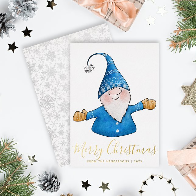 Carte De Vœux En Aluminium Élégant Gnome Bleu Or Joyeux Noël (Créateur téléchargé)