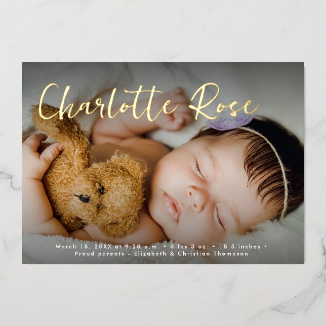 Carte De Vœux En Aluminium Elégant Gold Baby Girl Photo Custom Birth Stats (Recto)