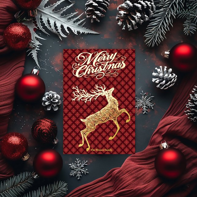 Carte De Vœux En Aluminium Elegant Gold Dashing Reindeer Merry Christmas  (Elegant Festive Gold Foil Burgundy Bedazzled Christmas Card )