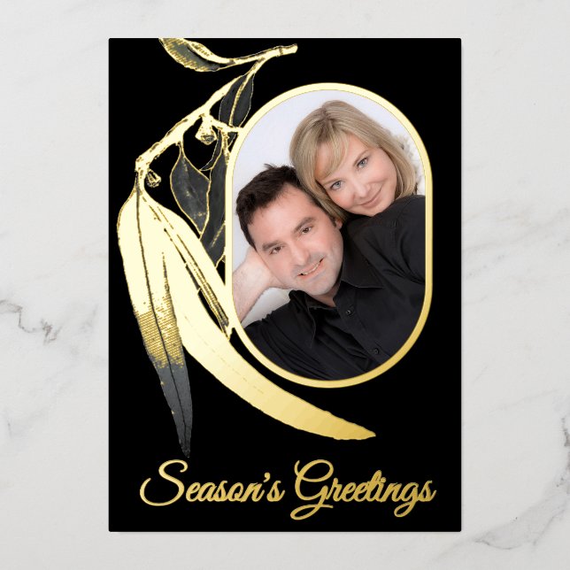 Carte De Vœux En Aluminium Elegant Gold Photo Botanique Aquarelle Noël (Recto)