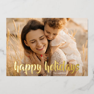 Carte De Vœux En Aluminium Elégant Gold Script de Noël Photo Happy