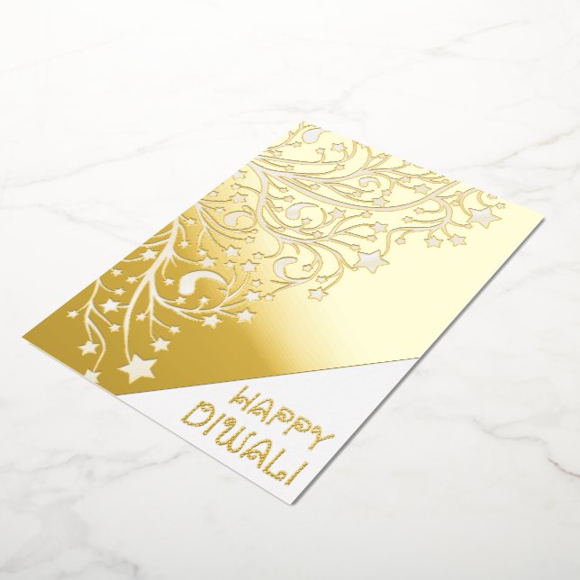 Carte De Vœux En Aluminium Elégant Happy Diwali Stars Gold Foil Shiny Card (Rotation)