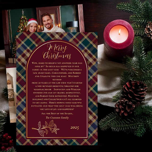 Carte De Vœux En Aluminium Elegant Holly | Berries Riche Plaid Photo Noël (Elegant Holly and Berries and Rich Plaid Three-Photo Merry Christmas Holiday Letter Greeting Card)