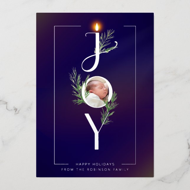 Carte De Vœux En Aluminium Elegant Joy Minimalist Photo Christmas Botanical (Recto)